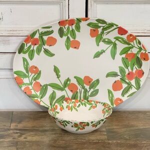 Vera for Anthropologie Floral melamine Platter and Bowl Set. Green and Orange.